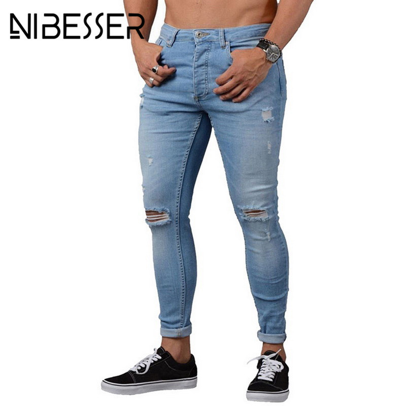 NIBESSER Skinny Blue Jeans Men Autumn Vintage Denim Pencil Pants Casual Stretch Trousers 2018 Sexy Hole Ripped Male Zipper Jeans S913