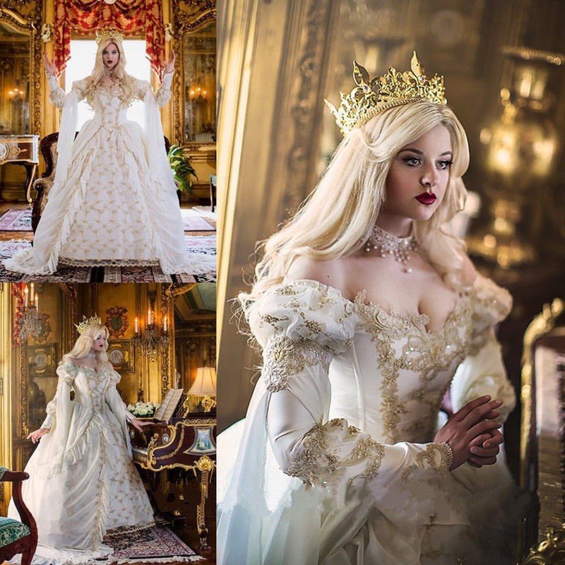 Medieval Wedding Dresses Beads Lace Empire Bridal Gowns Luxury Beaded Off The Shoulder Long Sleeves Fluffy Wedding Dress