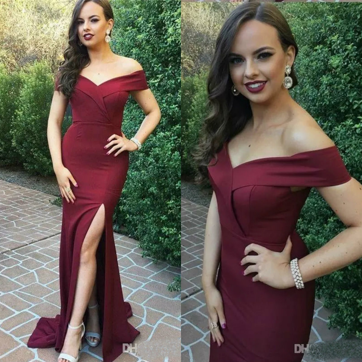 Charming Burgundy Mermaid Evening Dresses Customized Criss Cross Design Side Split Satin Sweep Train Formal Party Prom Dress
