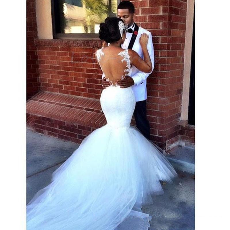 Size African Plus Nigerian Mermaid Dresses Lace Applique Spaghetti Straps Illusion Back Tiered Tulle Court Train Wedding Gowns