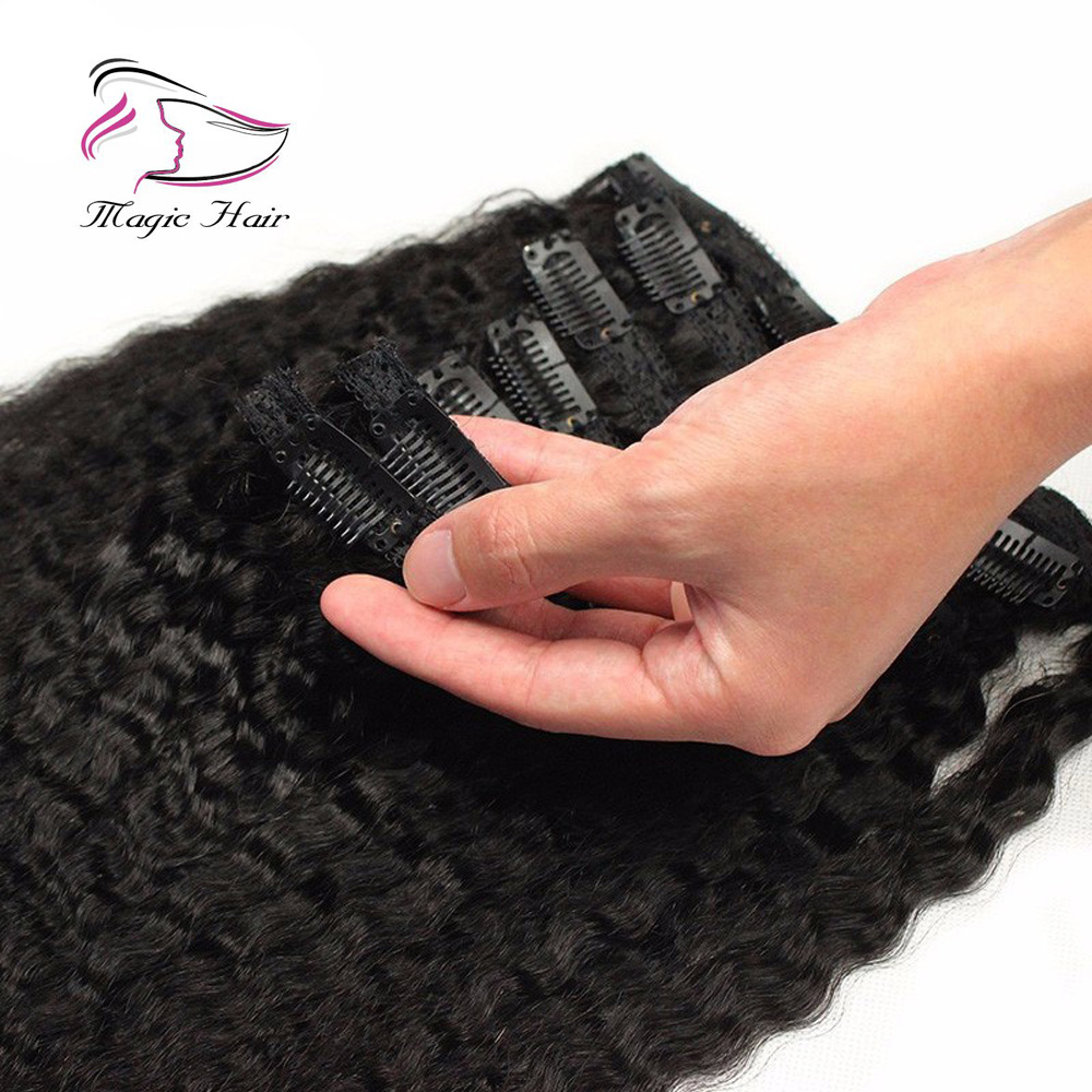 Free Shipping Natural Color Kinky Straight Clip in Hair Extensions For Black Women Brazilian Human Hair 120g 100% Human Hair Extension