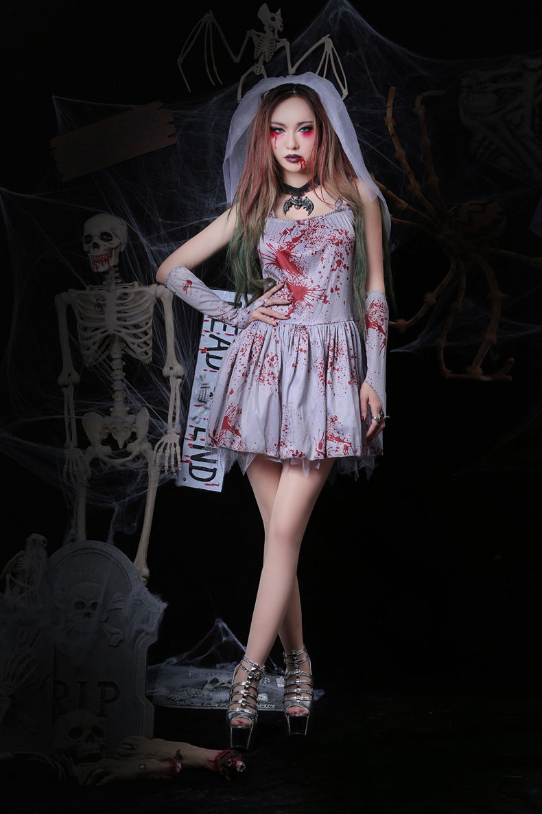 2018 New Arrival Halloween Costumes For Adults Vampire Bride Short Spaghetti Printed Blood Ployester Party Dress With Gloves + Veil In Stock