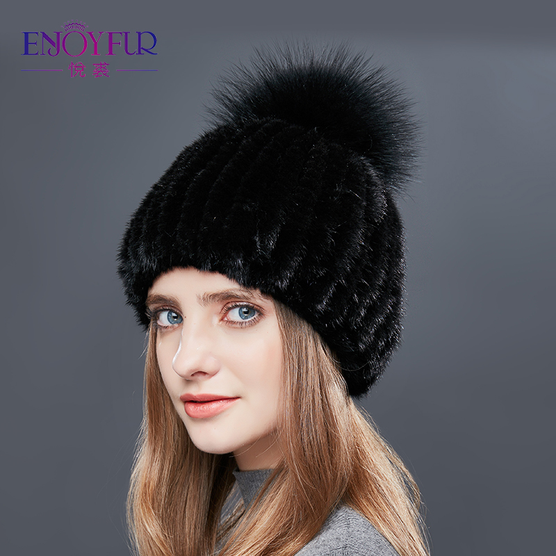 ENJOYFUR Women's Fur Cap Real Mink Fur Hat With Fur Pom Pom Knitted Mink Hats For Winter High Quality Thick Warm Female Beanies D18110601