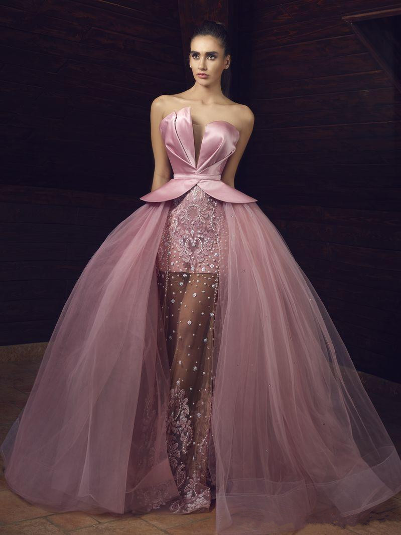 gorgeous pearls illusion pink prom dresses detachable skirt formal beads arbric long party evening gowns pageant dress robe de soiree