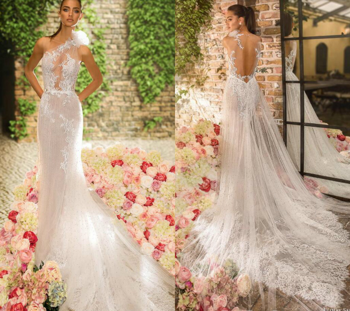 Elihav Sasson Mermaid Wedding Dresses Hollow Back Lace Appliques Sweep Train Illusion Boho Bridal Dress Slim Fit Plus Size Wedding Gowns