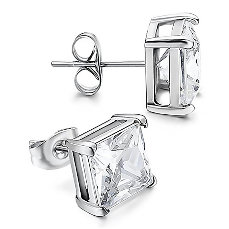 Princess-Cut Cubic Four-Prong Zirconia Sterg Sier Stud Earrings for Women 4