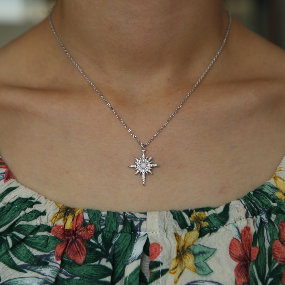 fashion gold plated jewelry northstar pendant necklace with clear cz white fire opal gemstone starburst 2021 christmas gift jewelry