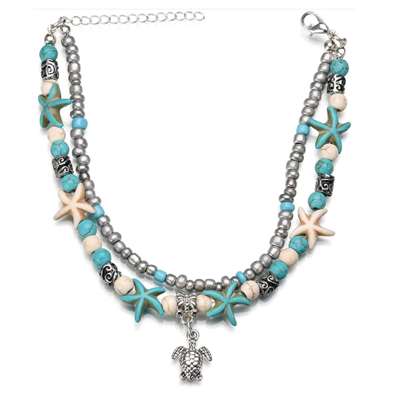 Trendy Barefoot Sandals Summer Beach Anklets for Women Vintage Turquoise Beads Chain Elephant Starfish Charm Anklet Bracelet Foot Jewelry