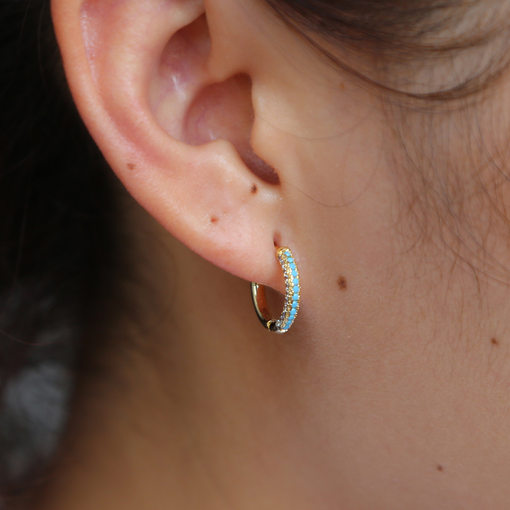 Blue turquoise & white cubic zirconia round 13mm hoop earring Huggie hoope multi piercing fashion women earbone jewelry
