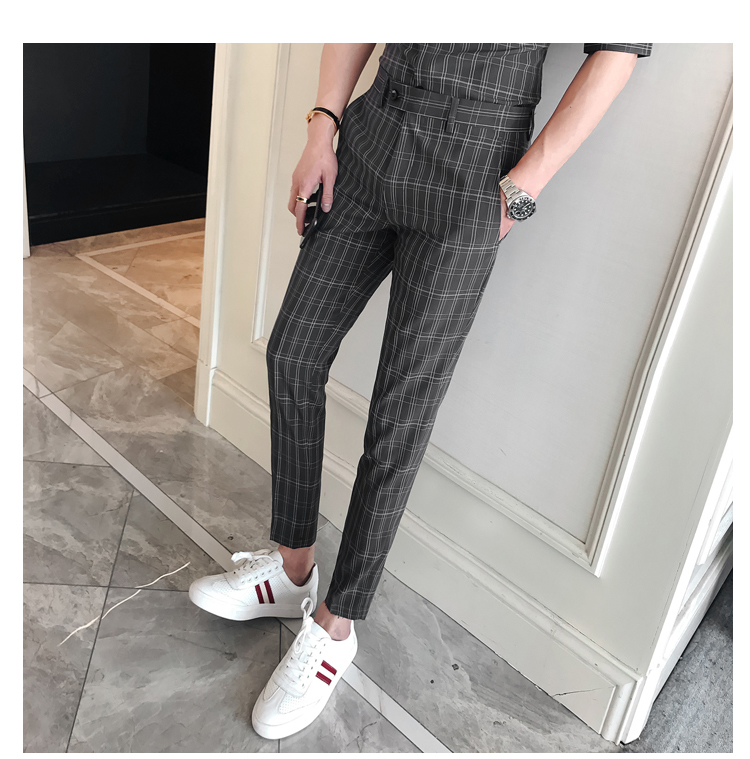 2pcs Vintage Plaid Office Men Set Slim Fit Mens Summer Shirts Heren Kleding Ankle Length Men Slim Fit Plaid Pants Moda Hombre