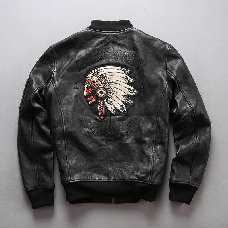 Black AVIREXFLY men genuine leather jackets INDIANS Embroidery FIGHTER BOMBER UNIT sheepskin leather flight bomber jackets
Black AVIREXFLY men genuine leather jackets INDIANS Embroidery FIGHTER BOMBER UNIT sheepskin leather flight bomber jackets