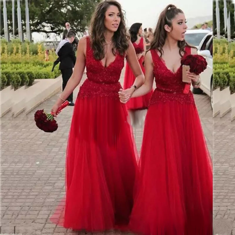 Modest Long Red Bridesmaid Dresses Lace V Neck Appliques Beaded Tulle Prom Dresses Maid Of Honor Dress Formal Party Gowns Cheap