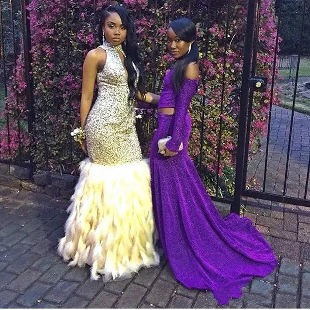 Stunning Sequined Feather African Prom Dresses Long Rhies Beaded High Neck Formal Gowns or Length Evening Dress For Women Plus Size