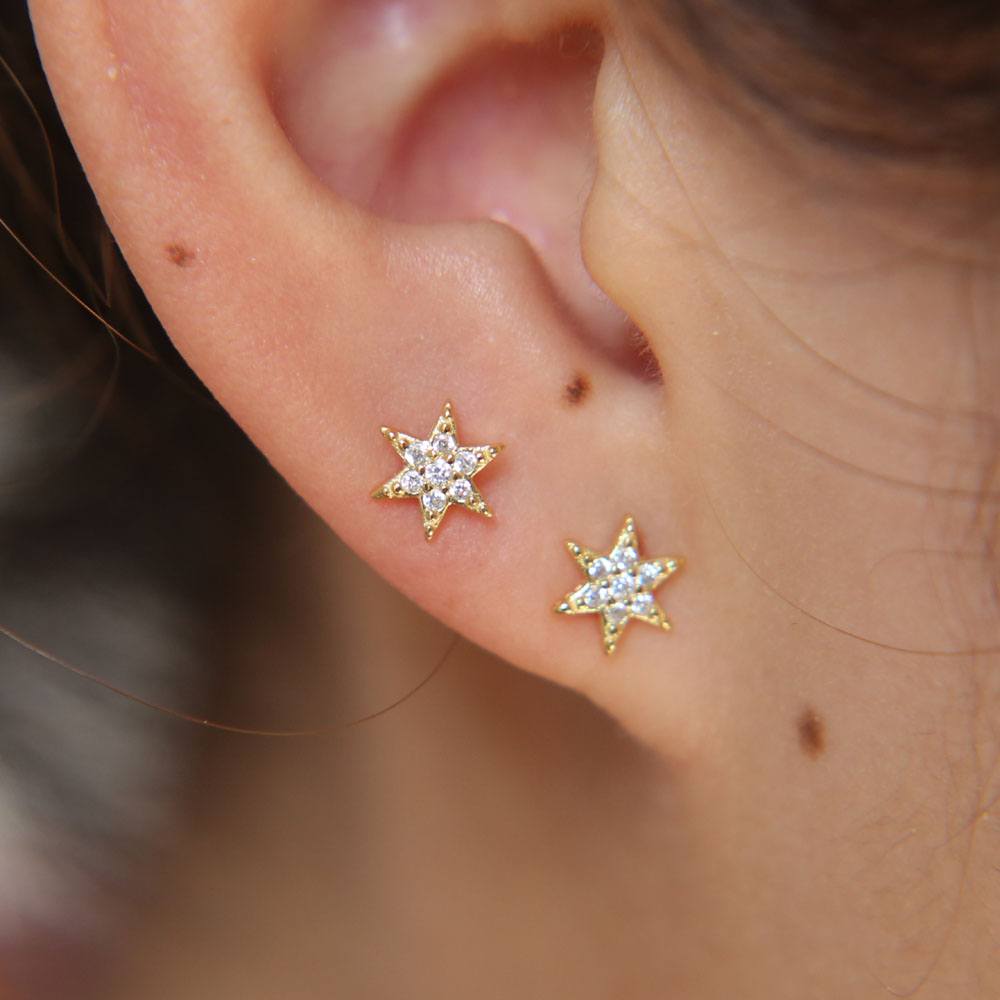 tiny smal sunburst stud earring pure 925 sterling silver minimal jewelry dainty delicate pave cz tiny star multi piercing earring
