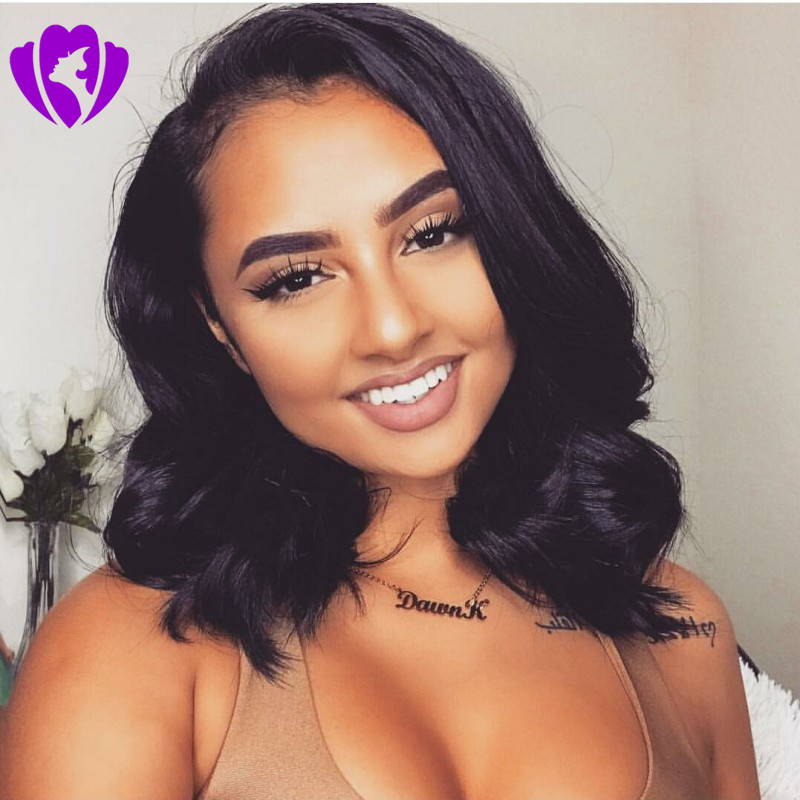 12inch black/brown/blonde Brazilian natural Hair Lace Front Wigs Glueless Short Bob Synthetic Hair Wigs Wavy With bangs For Black Women