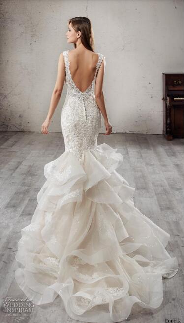 Eddy K 2019 Mermaid Wedding Dress Upscale Custom Made V Neckline Lace Applique Backless Bridal Gowns Tiered Wave Detailed Tulle Sweep Train