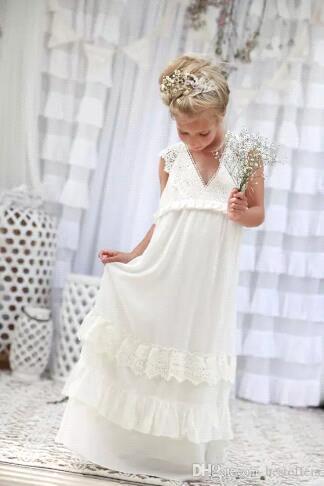 2018 Lovely Boho Ivory Flower Girl Dresses V Neck A Line Chiffon Lace Child Communion Dresses Kids Formal Wear Birthday Party Gown BA4995