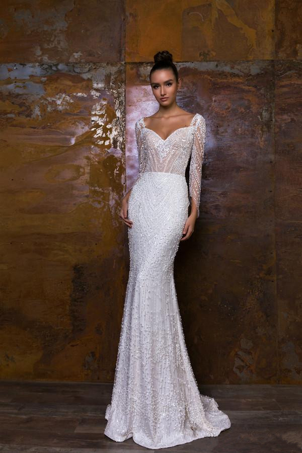 Gorgeous Mermaid 2019 Wedding Dresses With Detachable Train Sweetheart Long Sleeves Crystal Wedding Dress Lace Appliqued Bridal Gowns