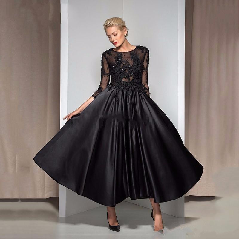Vintage Black Tea Length Mother Of The Bride Dresses 3/4 Long Sleeves Jewel Neck Lace Mothers Formal Dress Plus Size Evening Gowns