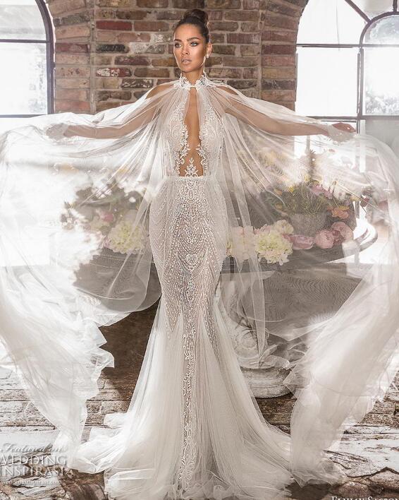 Elihav Sasson 2019 Mermaid Beaded Wedding Dress With Cape Sheer Neck Backless Bridal Gowns Custom vestido de novia Beach Wedding Gowns