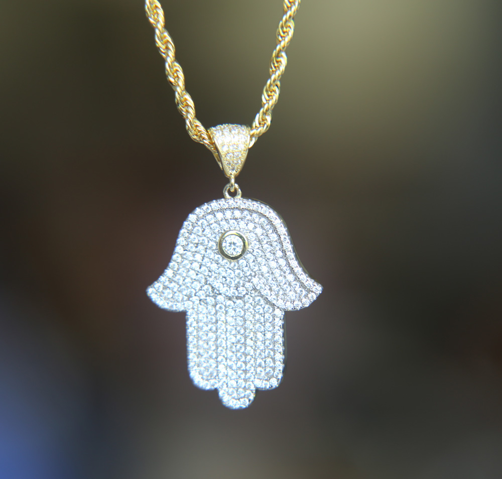 hip hop bling jewelry iced out cool boy mens necklace hamsa hand pendant gold silver plated cz cubic zirconia bling hiphop necklace for men