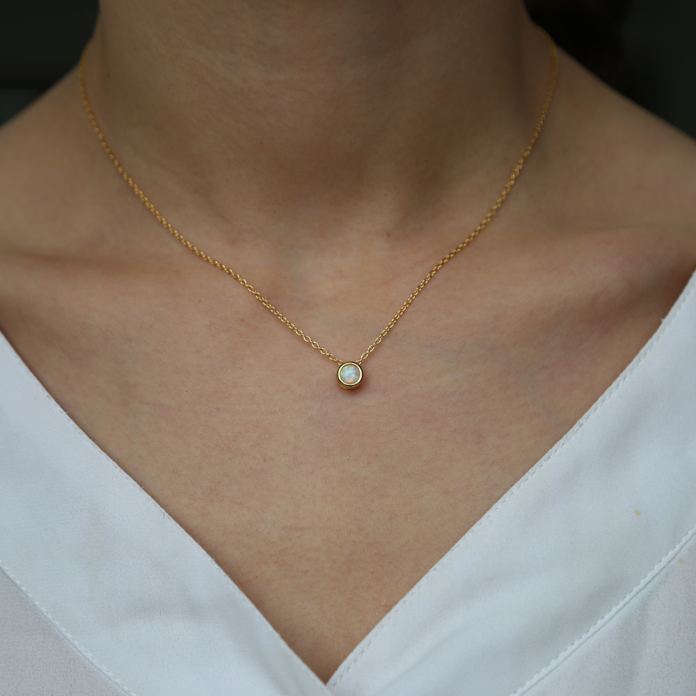 gold plated vermeil 925 sterling silver single stone necklace simple design bezel round cz charm beaded slider opal collar chains