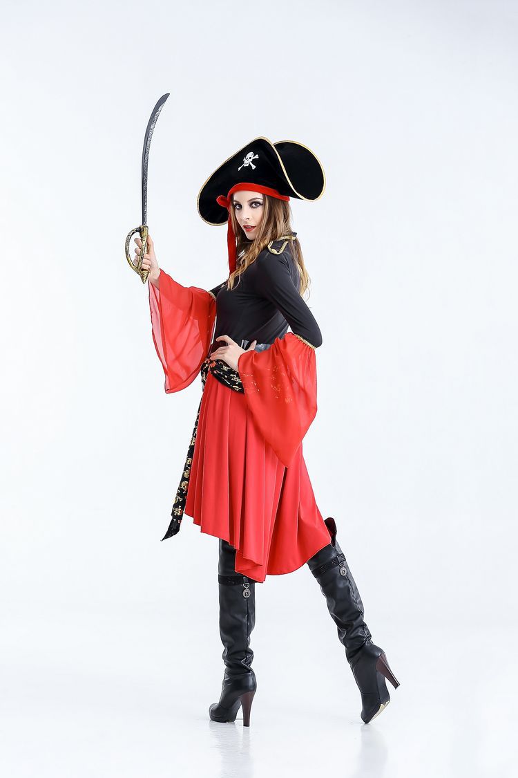 Female Pirate Halloween Costumes For Adults Hi Lo Long Sleeves Cotton Three Pieces (Dress+Hat+Belt) Halloween Party Dress In Stock