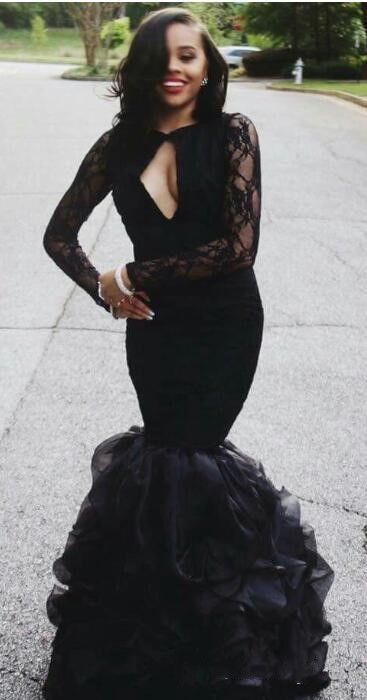 Lace Sleeve Mermaid Evening Long Party Prom Gowns Keyhole Neckline African Black Girl Fitted Dresses 0510