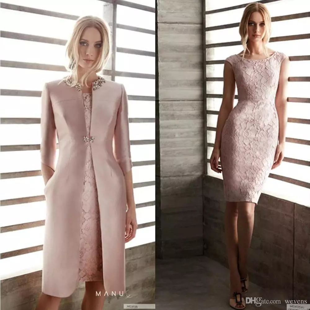 elegant mother of the bride dresses with jacket lace jewel neck knee length long sleeve elegant mothers gowns wedding guest dress cocktail