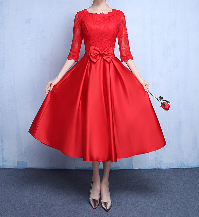 Elegant Satin with Lace Tea Length Mother of the Bride Dresses Detachable Bow Wedding Party Dresses Half Sleeves L&P DQL Studio