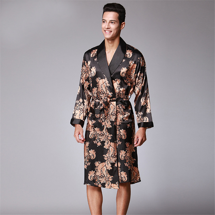 Men Robe 2018 Spring New Kimono Bathrobe Gown Faux Silk Robes Long Sleeve Home Clothes Male Sleewear Bath Geisha L XL XXL