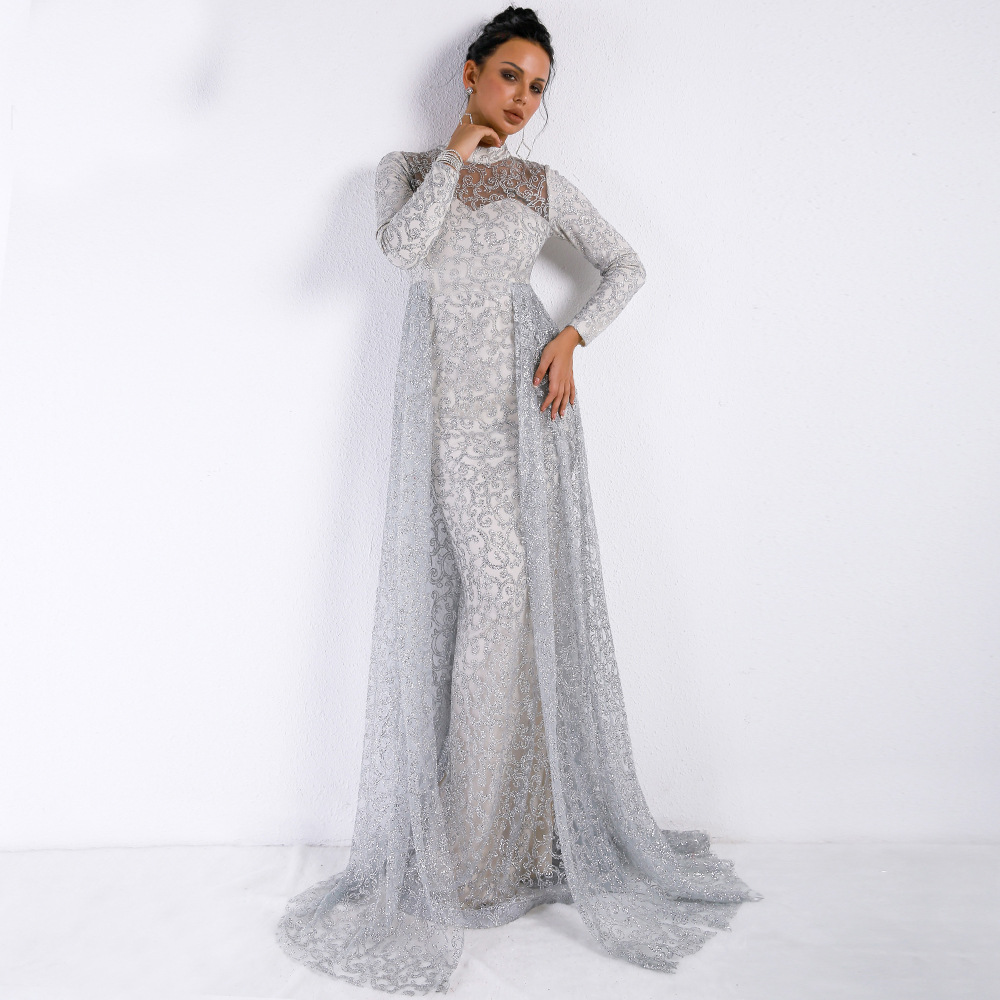 High Neck Sparkling Silver Mermaid Evening Dresses Long Sleeve Elegant Weddings Party Dress Sexy Prom Dress Bling Formal Gowns