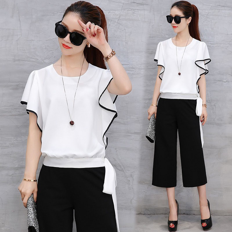 EFINNY Women Summer Suit Plus size Loose Breathable Jacket Cropped Pants Two Sets of Clothes Female