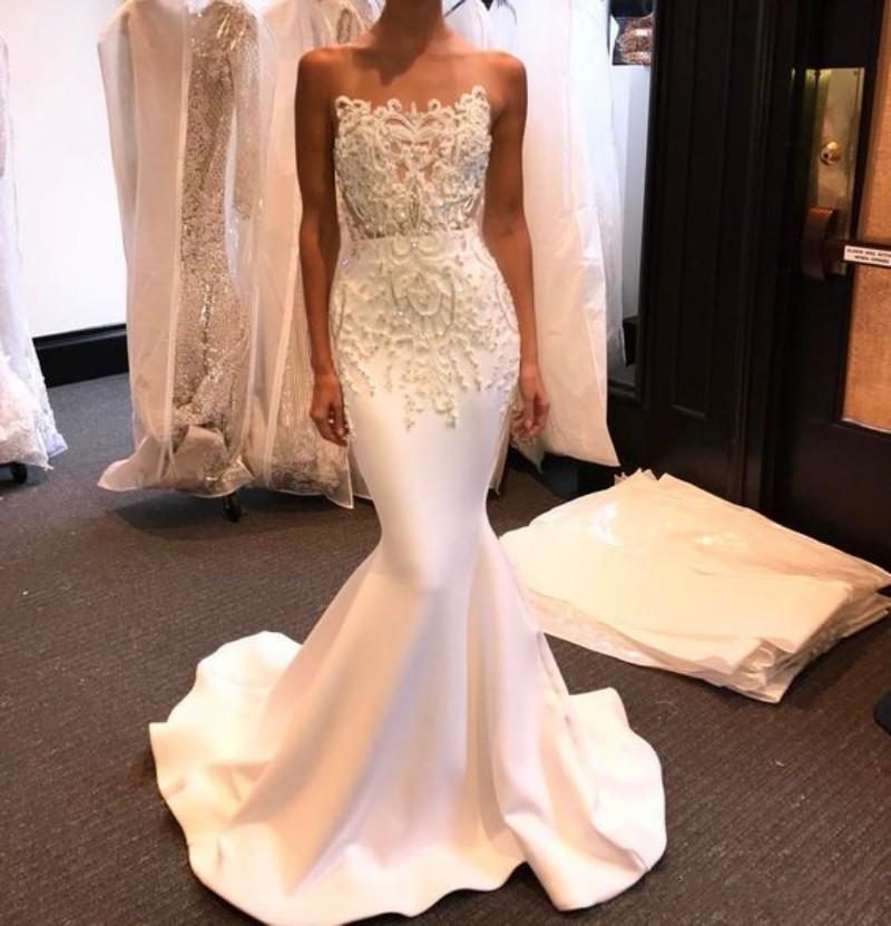 Sexy Illusion Neck Mermaid Wedding Dresses Lace Appliqued Satin Beaded Bridal Gowns Sweep Train Vestido De Noiva Wedding Dress