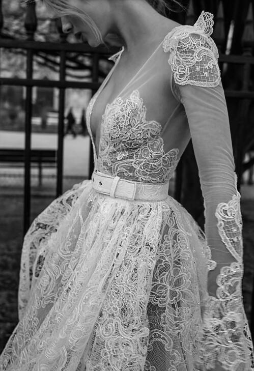 inbal dror fall wedding dress sexy v neck full lace long sleeves backless knee length bridal gowns designer wedding dresses custom made