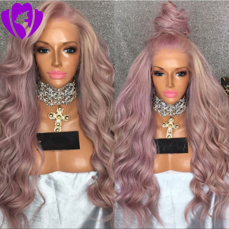 purple body wave synthetic lace front wig with free parting natural look purple heat resistant fiber hair for white woman