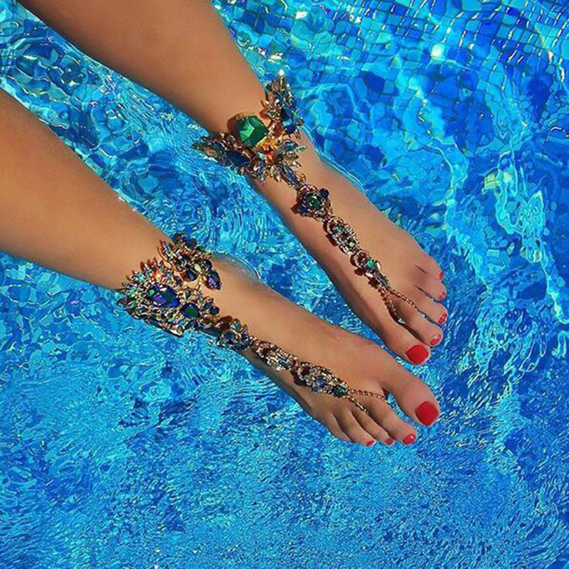 Best lady One Piece Long Summer Vacation Anklets Bracelet Sandal Sexy Leg Chain Women Boho Crystal Anklet Statement Jewelry 3226