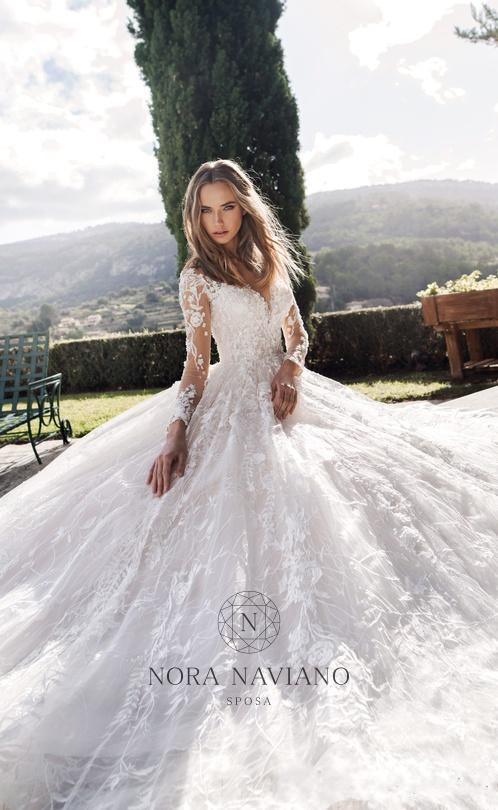 nora naviano wedding dresses full lace applique beaded long sleeve v neck plus size bridal gowns robe de marie