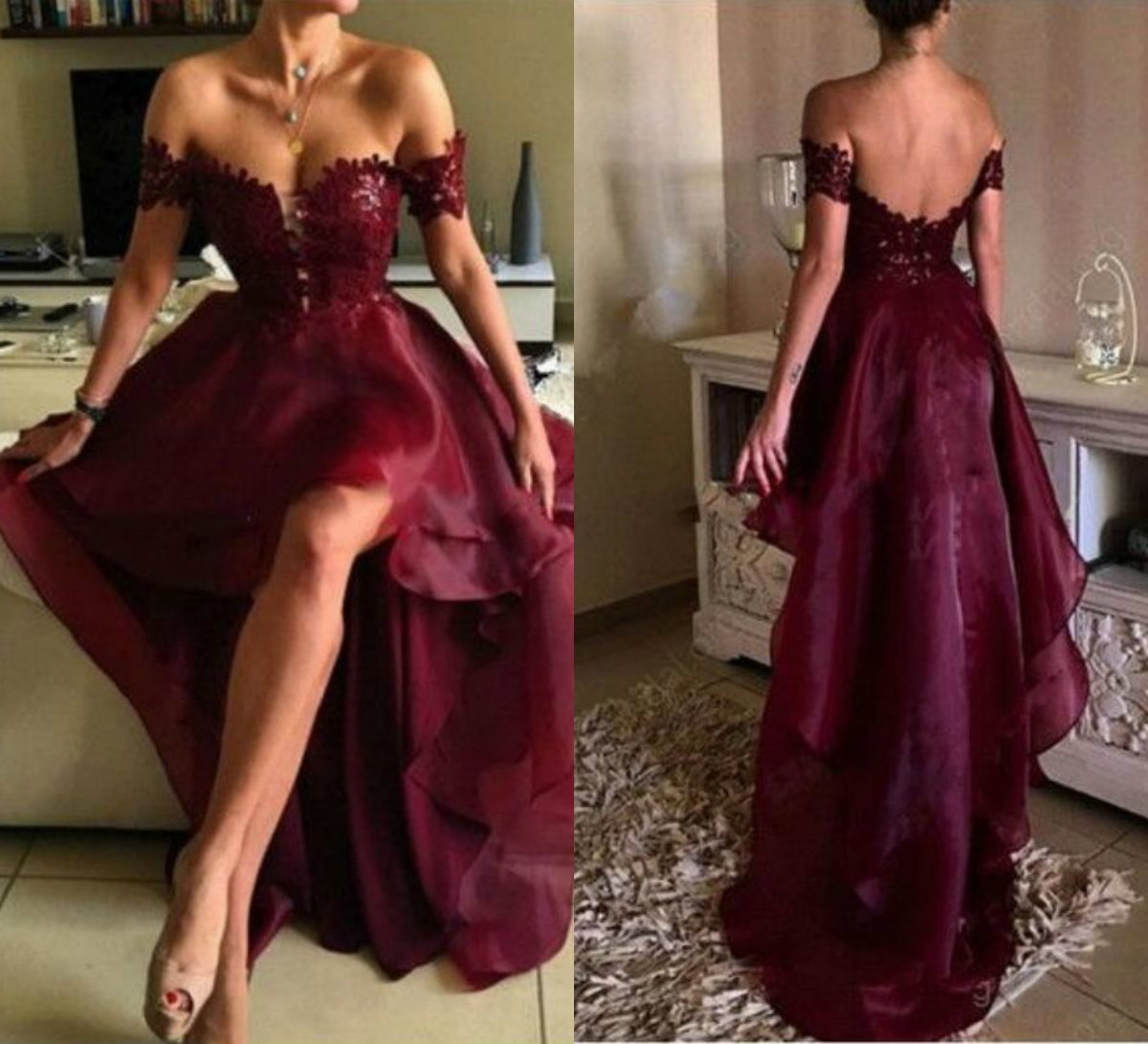 Burgundy Prom Dresses Off Shoulder Appliques Hi Lo Tieres Organza Formal Dress Party Gowns Zipper Up Back Short Cocktail Homecoming Dresses