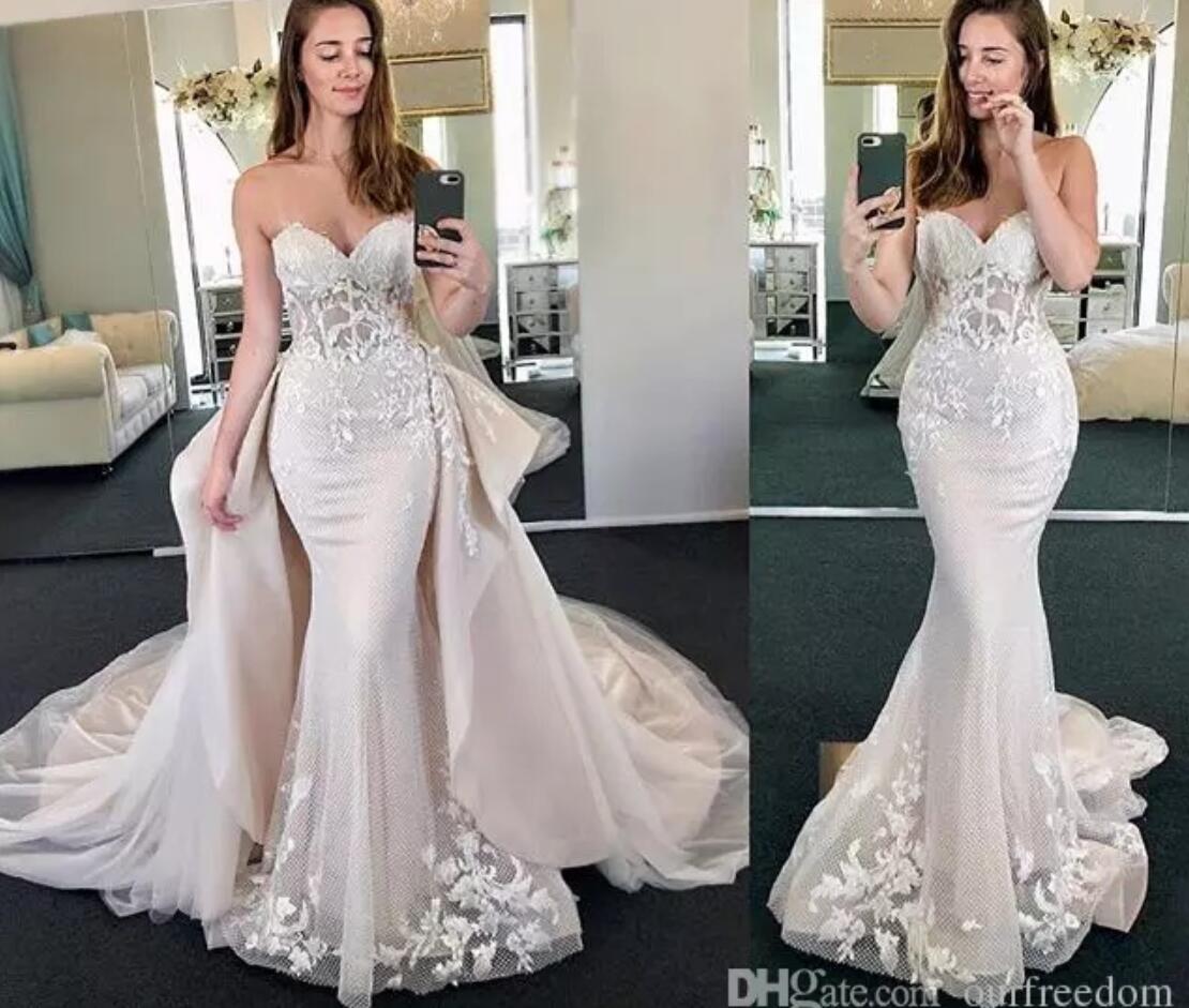 Mermaid Wedding Dresses With Detachable Sweetheart Lace Appliques Sweep Train Gorgeous Country Bridal Gowns Plus Size Dress