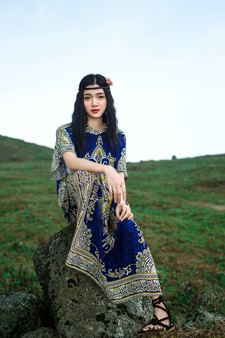 Thailand exotic style stamp Flower vacation long Dress loose large Retro art travel dress Boho Calico Floral Crochet print India Ethnic