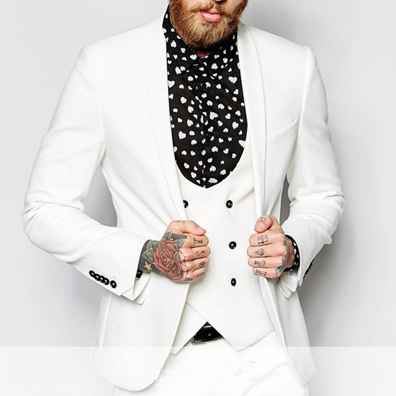 High Quality One Button Ivory Groom Tuxedos Shawl Lapel Groomsmen Best Man Suits Mens Wedding Suits (Jacket+Pants+Vest+Tie) NO:950