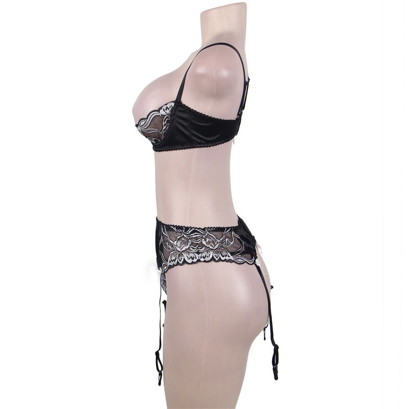 Black Lace Halter Sexy Lingerie Set Women Plus Size Open Bra Floral Transparent Lingerie Sexy Hot Erotic Sexy Bra With Garter S927