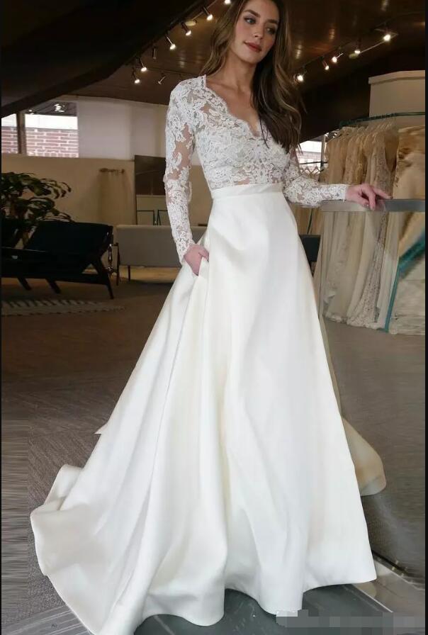Long Sleeve Wedding Dresses 2019 Sexy Boho V-Neck See-Through Pocket Ivory Lace A-Line Beach Wedding Vestido de Noiva Praia