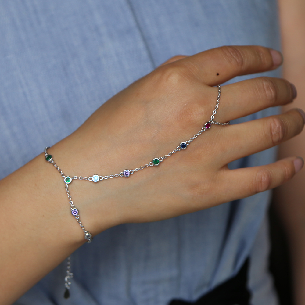 2018 women slave bracelet with ring rose gold silver plated colorful bezel cz link chain hand jewelry Behomia rainbow fashion bracelets