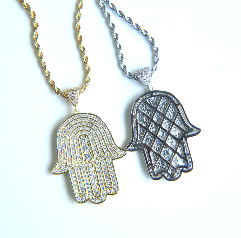 mens lucky hamsa hand pendant necklace hip hop Rock style Full cubic zirconia 24" rope chain silver gold plated cz men necklace