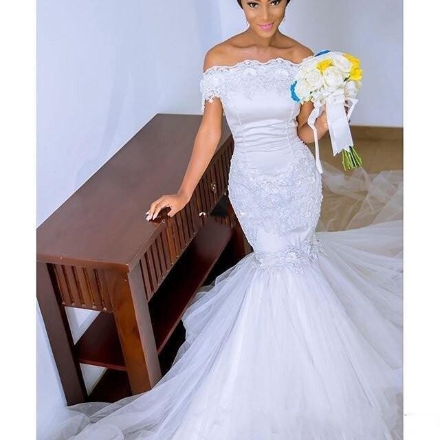 New Romantic Off Shoulder Mermaid Wedding Dresses Sexy Lace Applique Beaded Flowers Bridal Gowns Tulle Court Train African Vestidos
