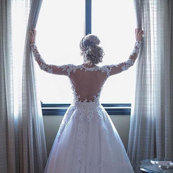 Chic A-line Illusion Long Sleeves Wedding Dresses Scoop Neck Lace Appliques Tulle Bridal Gowns Sweep Train Wedding Dress