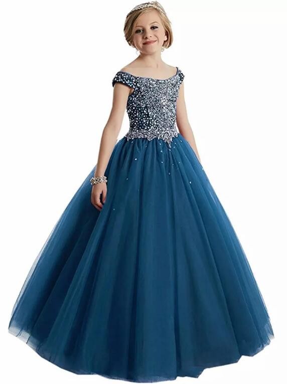 Crystals Beaded A Line Tulle Girls Pageant Dresses Off Shoulders Corset Back Floor Length Flower Girl Dress Pageant Gowns For Girls