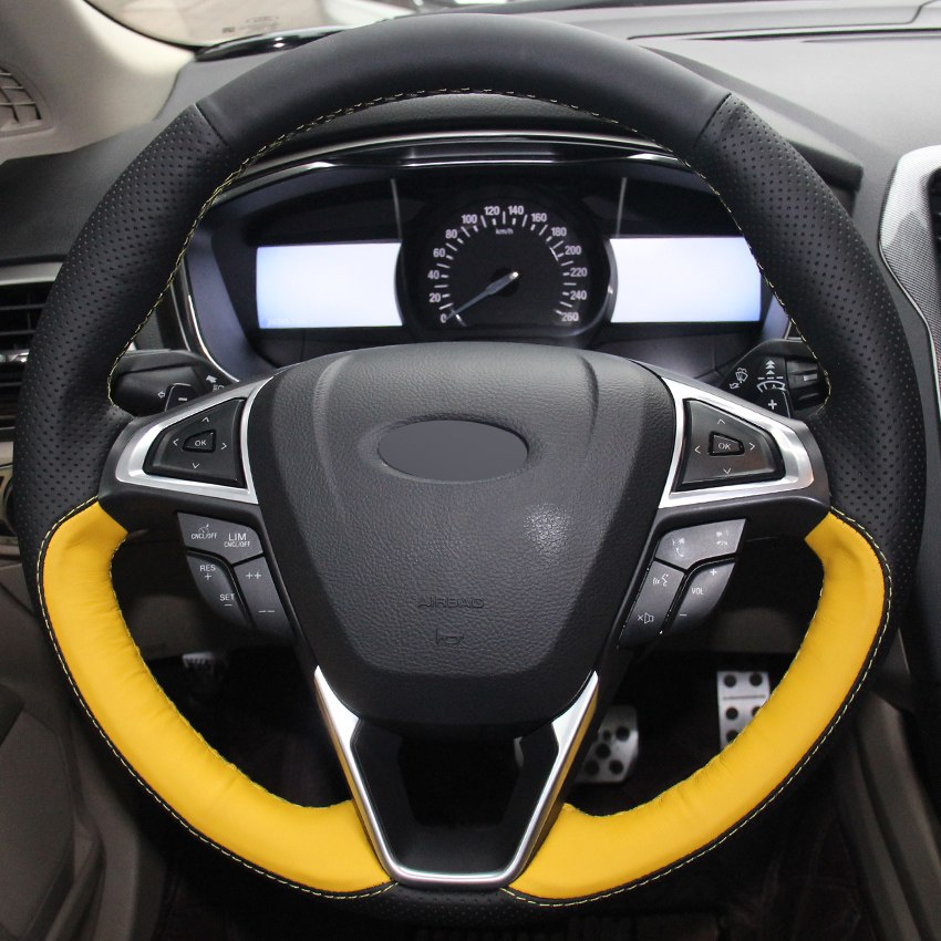 Black Yellow Genuine Leather Car Steering Wheel Cover for Ford Fusion Mondeo 2013 2014 2015 Edge 2015 2016